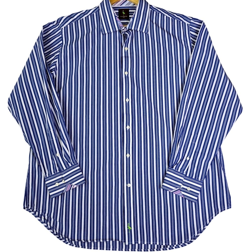 Tailorbyrd Mens Size XXL Button Down Dress Shirt Blue & White Stripe 100% Cotton